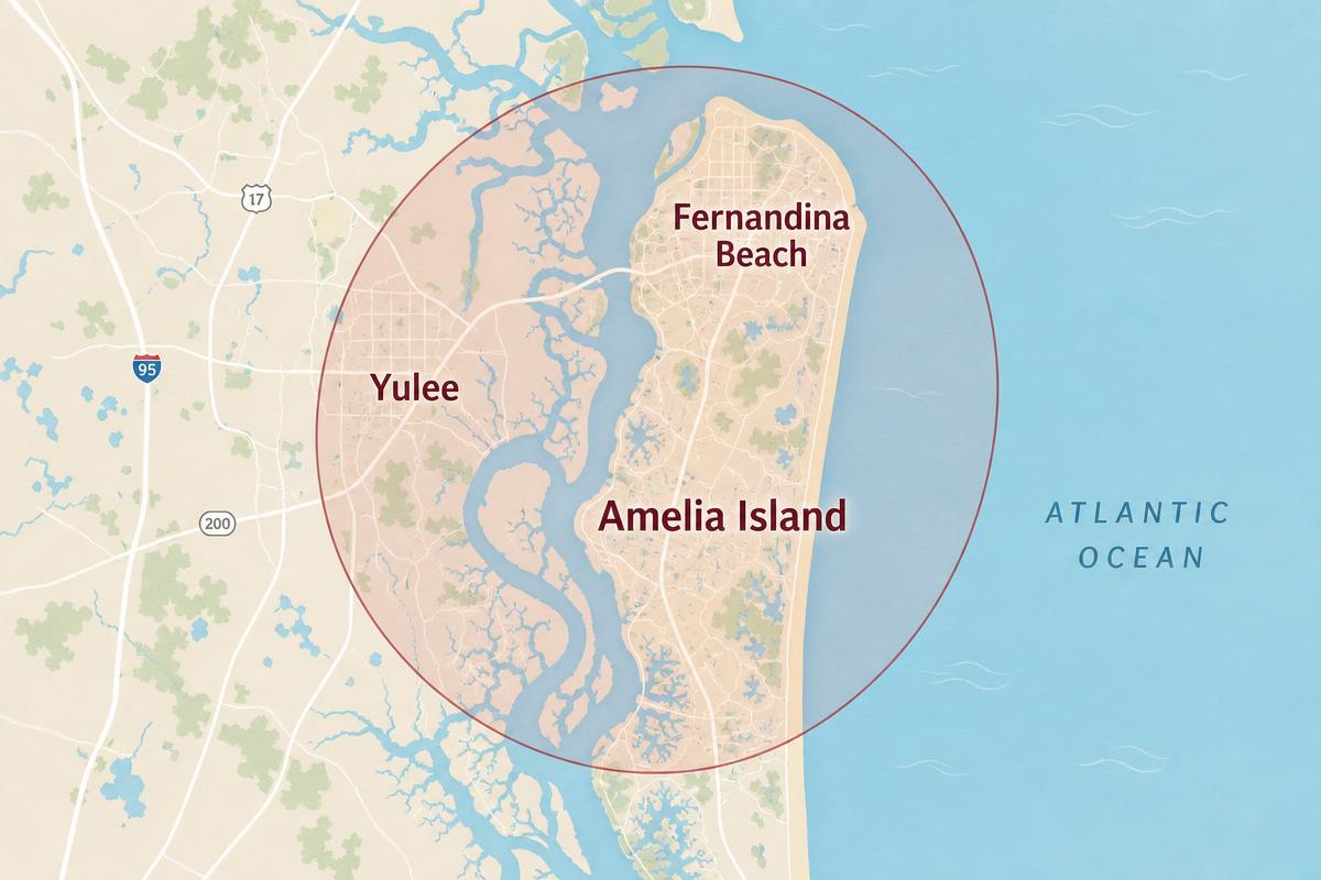 Map showing the Fernandina Property Maintenance service area: Fernandina Beach, Amelia Island, and Yulee, Florida